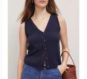 Ann Taylor Bouclé Sweater Vest Navy Blue Cotton Blend Preppy XS Petite XSP